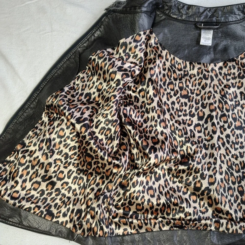 Cruel Womens Faux Leather Biker Jacket Metallic Black Leopard Lining XL - Picture 10 of 15
